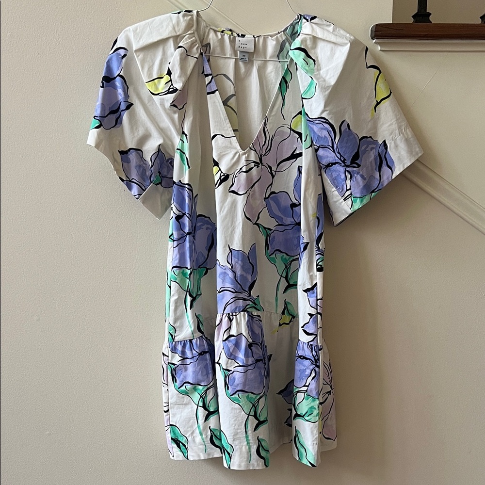 a new day White Floral Mini Dress with purple & Green Motif XS